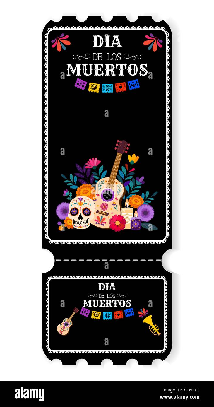Célébration de la Vie et de la Mort : Représentation artistique du Dia de los Muertos avec un crâne coloré, des fleurs et des éléments musicaux dans un thème festif Illustration de Vecteur