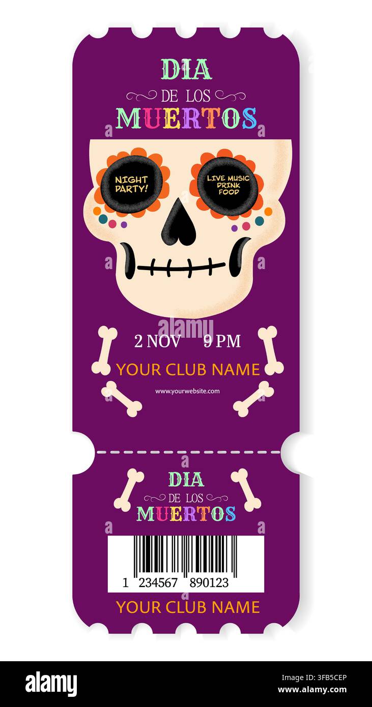 Célébrez la vie et la mort : Ticket Dia de los Muertos pour une nuit de musique, de nourriture et de divertissement dans votre club local ! Illustration de Vecteur