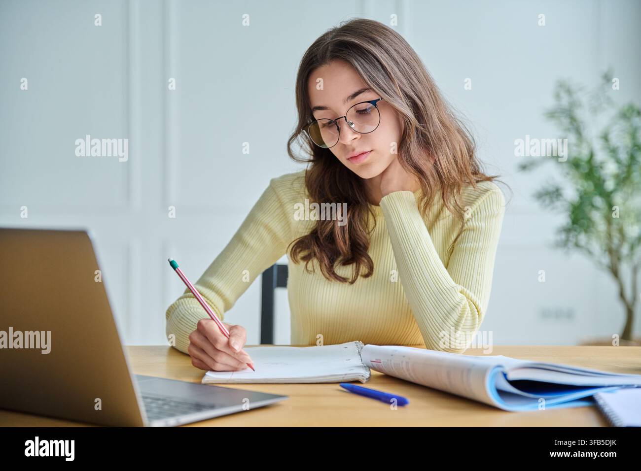 Étudiante concentrée prenant des notes au bureau avec vue avant sur ordinateur portable Banque D'Images