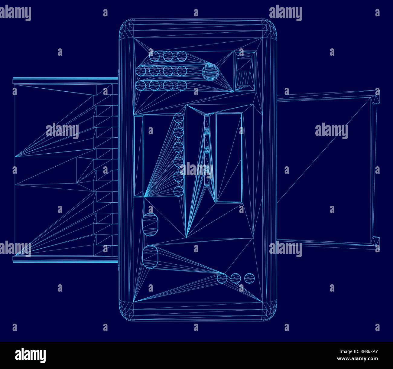 Un modèle fil de fer 3D détaillé d'une blueprint d'imprimante de bureau vue de dessus, isolé sur un fond bleu uni pour des fins techniques ou marketing Illustration de Vecteur