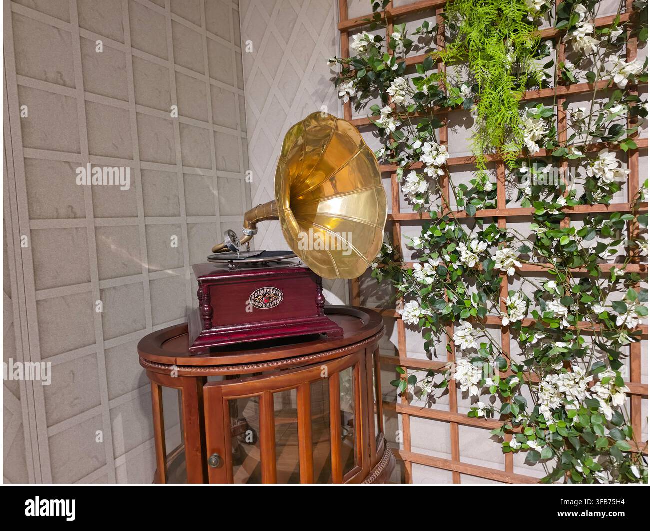 Gramophone vintage His Master's Voice avec une corne en laiton reposant sur une table d'appoint en bois à côté d'un mur en treillis floral. Banque D'Images