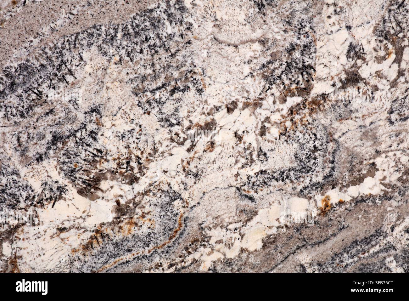 Gros plan d'une surface de dalle en granit blanc polie montrant des pointillages minéraux beiges et gris avec des veines brun rouille, une texture de pierre naturelle utilisée pour Banque D'Images