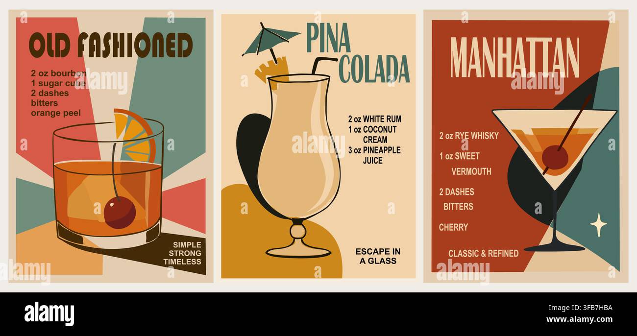 Un ensemble de cocktails vintage orne des affiches rétro. Illustration de Vecteur