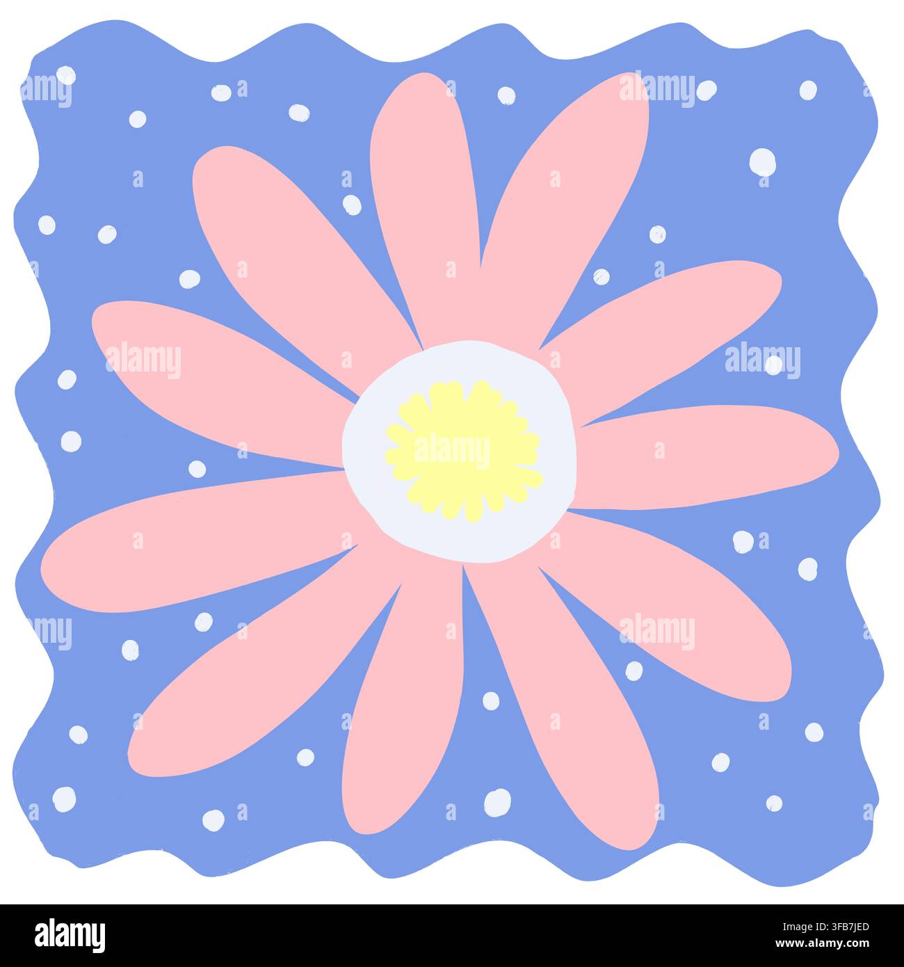 Une illustration audacieuse d'un marguerite dessinée à la main avec des pétales allongés rayonnant d'un centre texturé, posée sur un fond à pois ludique. Banque D'Images