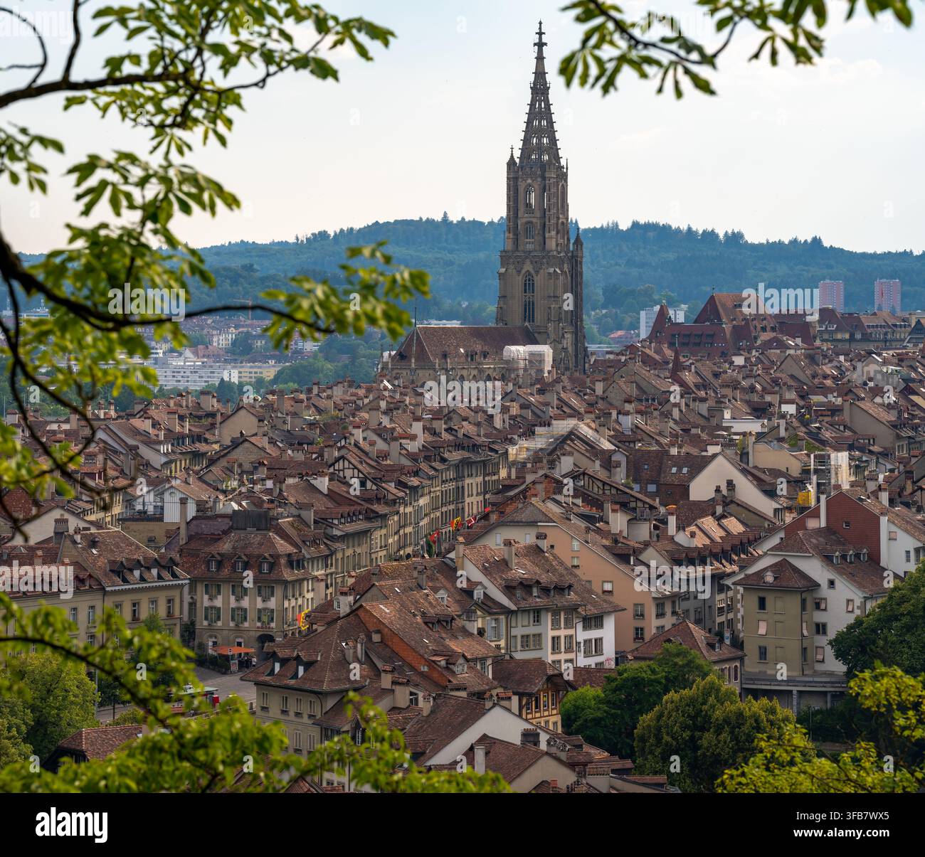 Berne, Suisse - 28 juin 2026 : Panorama vertical à angle élevé mettant en évidence la tour cathédrale gothique de Berne dominant la ligne d'horizon de Berne, Swi Banque D'Images