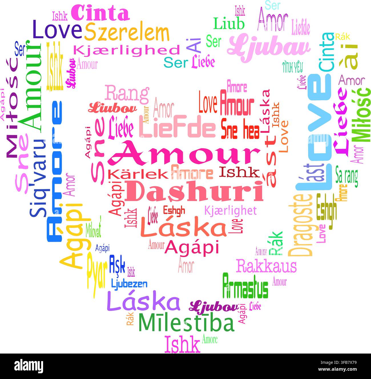 Amour ! Nuage de mots avec le mot amour dans différentes langues en forme de cœur Illustration de Vecteur