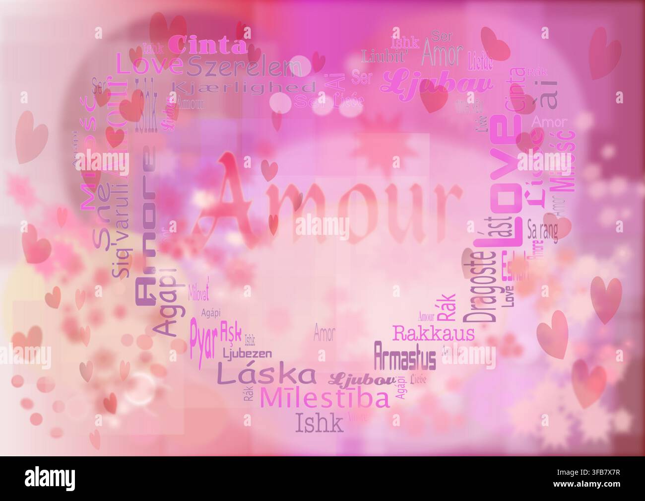 Fond de nuage de mots rose pour la Saint-Valentin. Fond type bokeh en rose avec des cœurs roses et rouges pour la Saint-Valentin Illustration de Vecteur