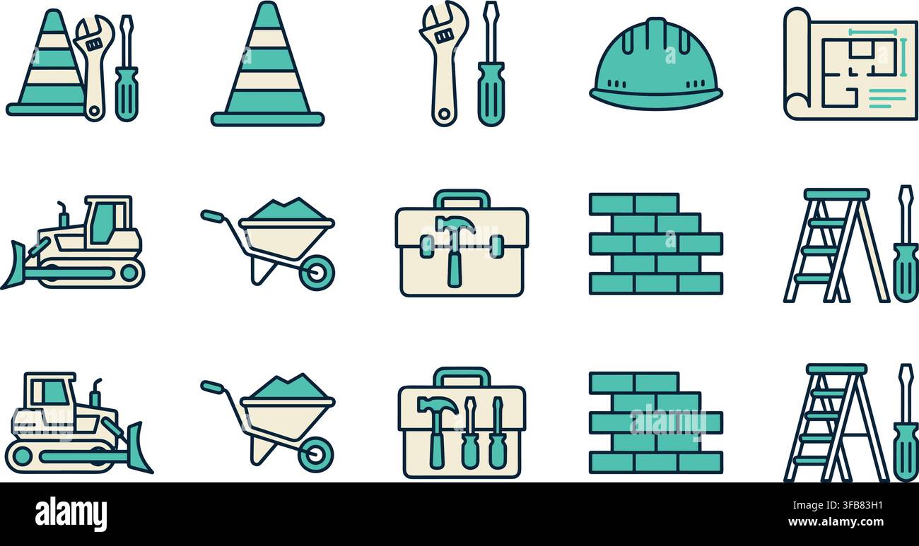 Ensemble d'icônes d'outils de construction et de travail manuel en contours crème pâle et bleu-vert pour l'industrie de la construction architecturale Illustration de Vecteur