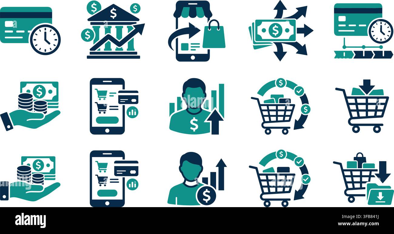 Icônes de finance numérique et de shopping en ligne mettant en vedette des cartes de crédit, des paiements bancaires et mobiles ainsi que des graphiques de croissance des transactions. Illustration de Vecteur