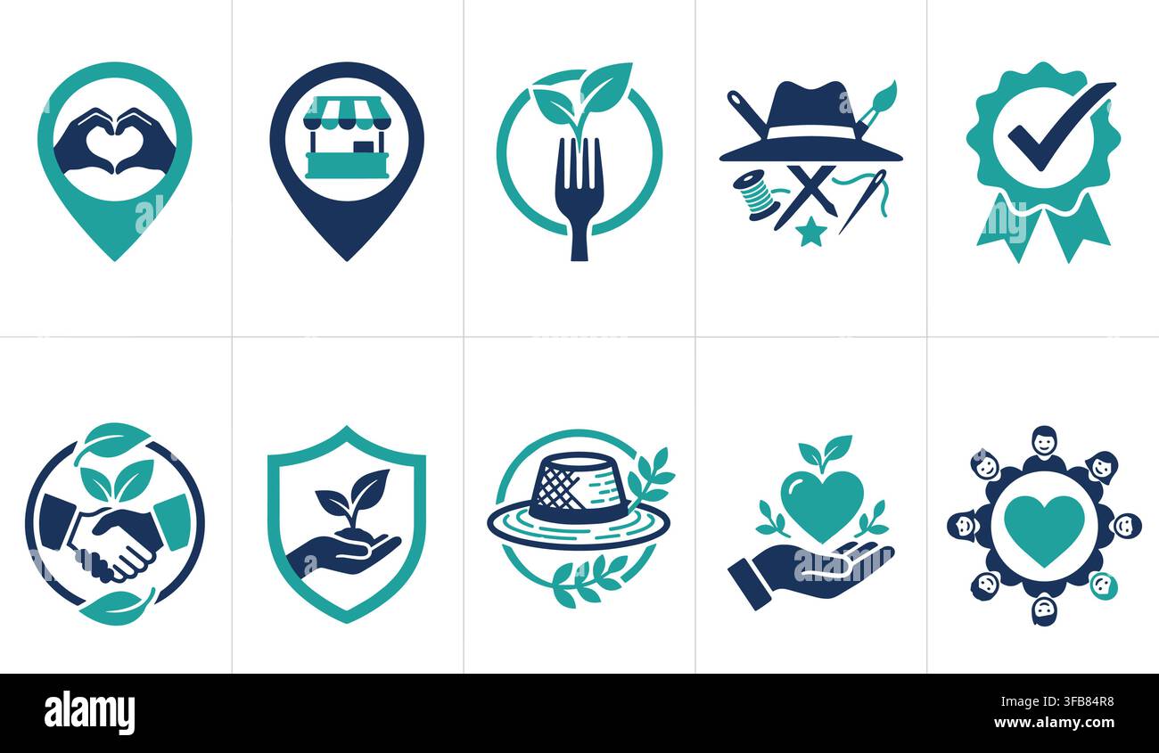 Ensemble d'icônes pour les entreprises durables et la responsabilité sociale avec des éléments bleus et bleu-vert pour les projets communautaires et écologiques. Illustration de Vecteur