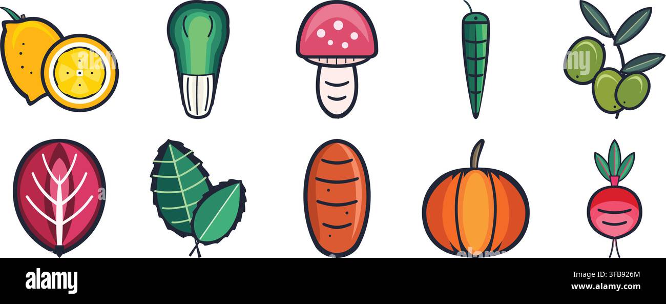 Ensemble d'illustrations vectorielles colorées de légumes biologiques, fruits et champignons dans un style de dessin animé mignon sur fond blanc. Illustration de Vecteur