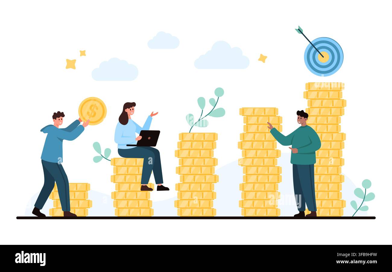 Personnes gérant des économies et des investissements avec des piles de pièces en augmentation, planification sur ordinateur portable, pièce en dollar et objectif, concept de croissance financière isolé sur fond blanc, illustration vectorielle Illustration de Vecteur