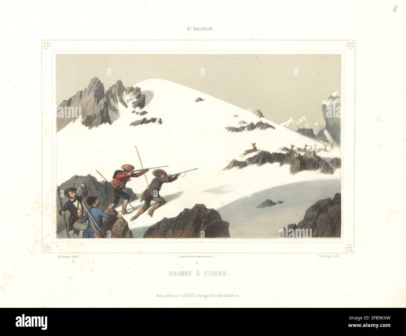 Une lithographie du milieu du XIXe siècle représentant des chasseurs dans des montagnes enneigées, intitulée « Chasse à l'Izard », publiée par F. Sinnett à Paris en 1850, d'après une peinture de de Montaut et lithographiée par Bapuet frères. Banque D'Images