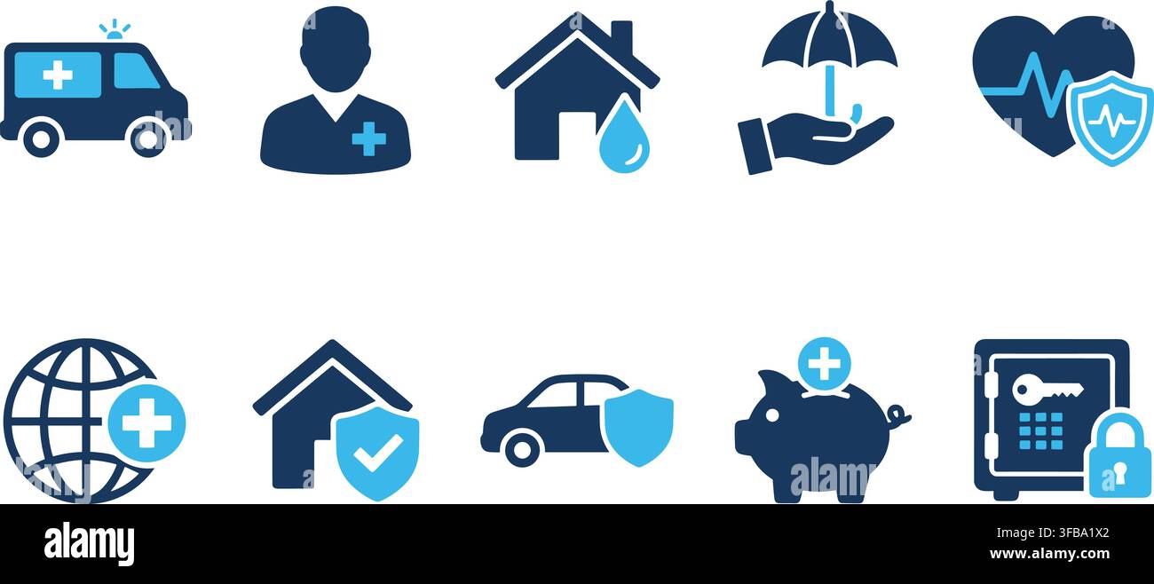 Icônes de services médicaux et financiers mettant en vedette une ambulance, un professionnel de la santé, un bouclier de santé et une assurance habitation. Illustration de Vecteur