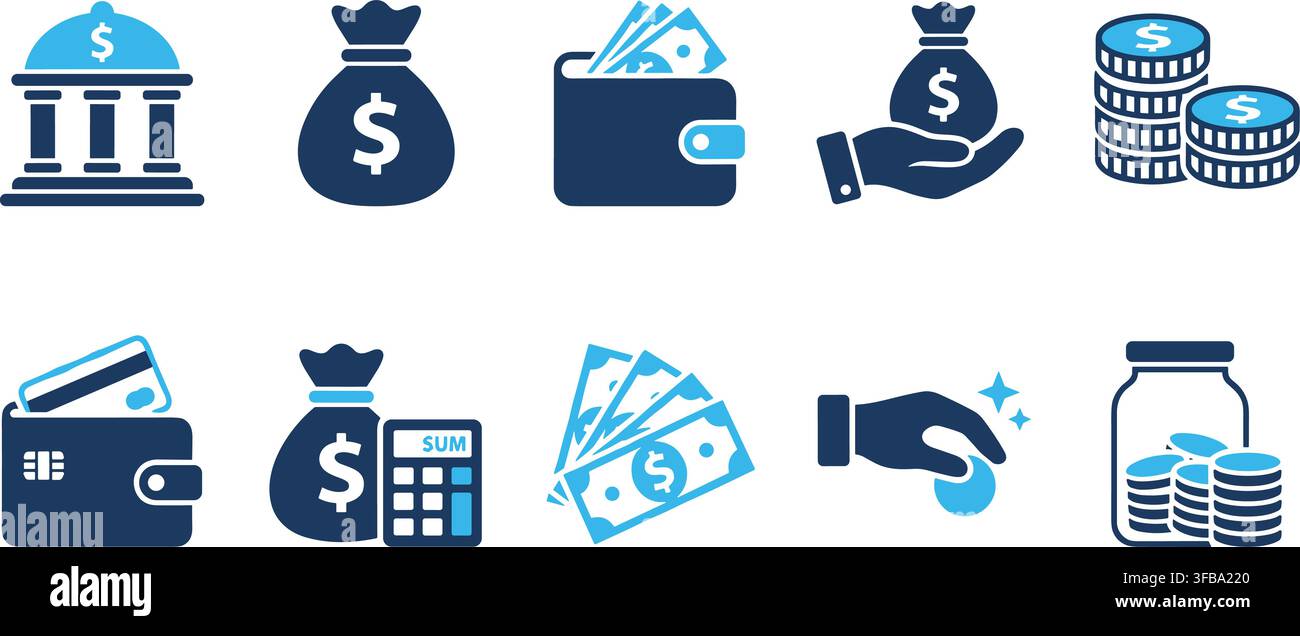 Icônes financières montrant une banque, un sac d'argent, un portefeuille, des pièces de monnaie et une carte de crédit pour les services bancaires. Illustration de Vecteur