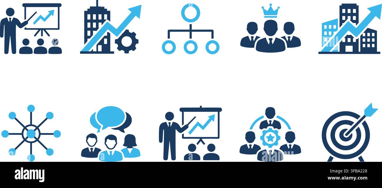 Ensemble d'icônes d'entreprise bleues modernes comprenant des éléments visuels pour les réunions d'affaires et le développement de stratégies d'équipe. Illustration de Vecteur