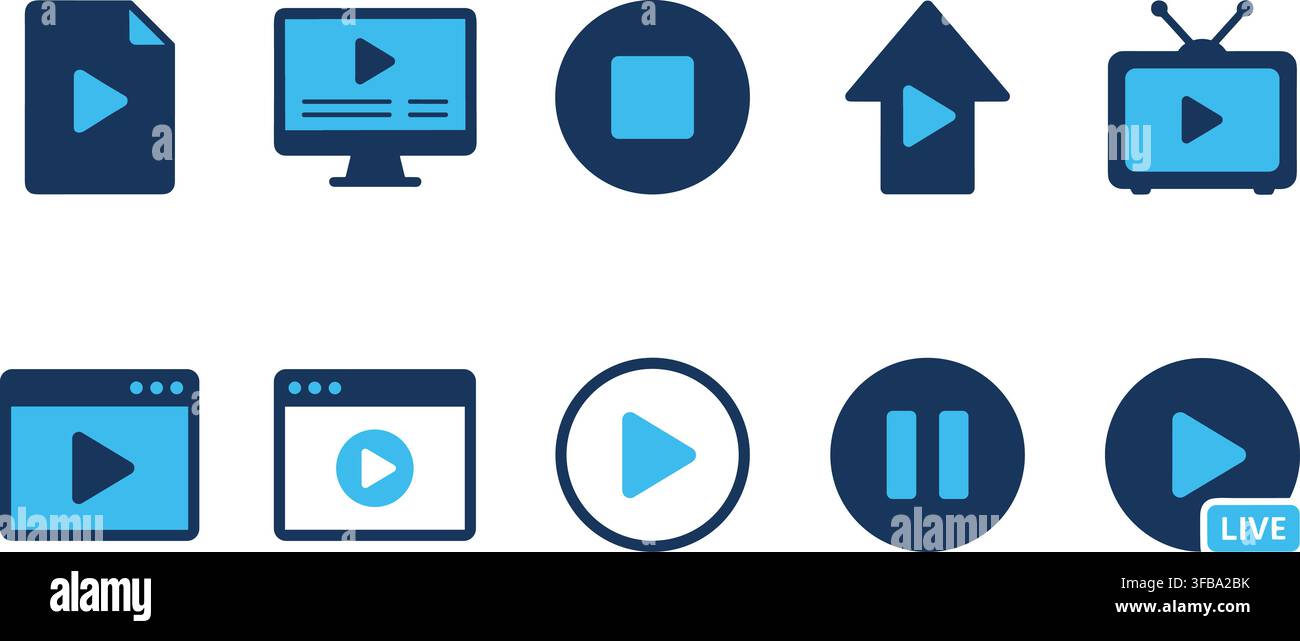 Ensemble d'icônes de contrôle du lecteur multimédia en bleu et bleu marine pour l'interface de streaming vidéo et l'application de diffusion numérique. Illustration de Vecteur