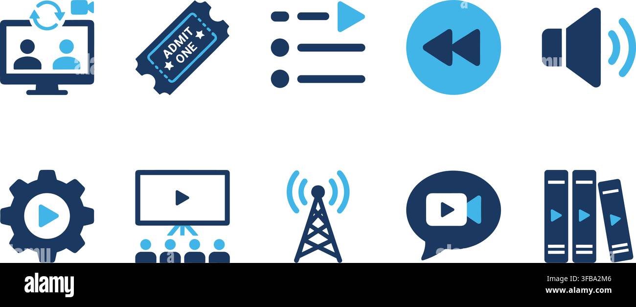 Ensemble d'icônes bleues pour le streaming vidéo multimédia et les communications pour les applications de divertissement et de webinaires. Illustration de Vecteur
