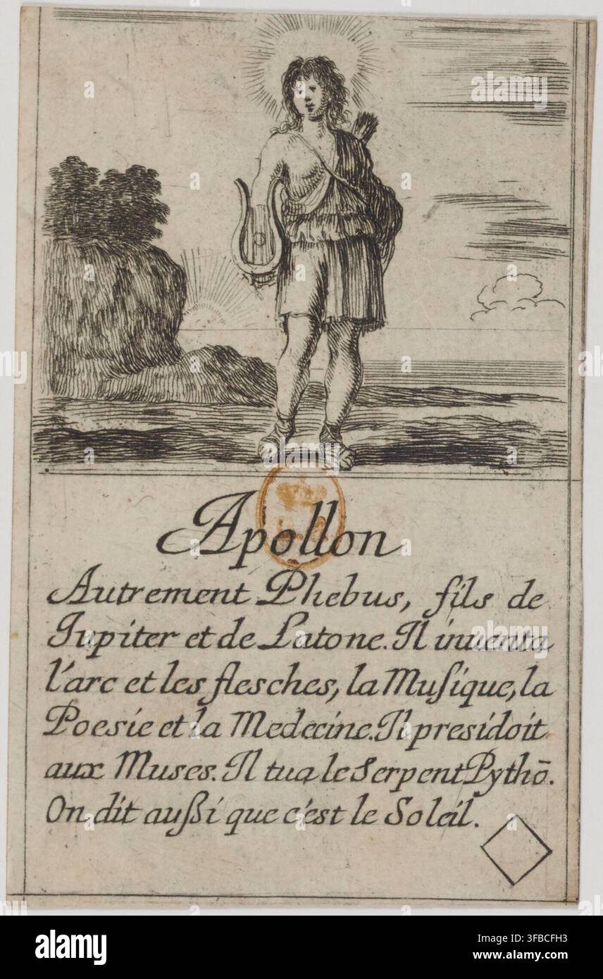 Une gravure de 1644 représentant Apollon, également connu sous le nom de Phébus, fils de Jupiter et de Latone, qui a inventé l'arc et les flèches, la musique, la poésie et la médecine, et présidait aux Muses, et est également associé au soleil. Banque D'Images