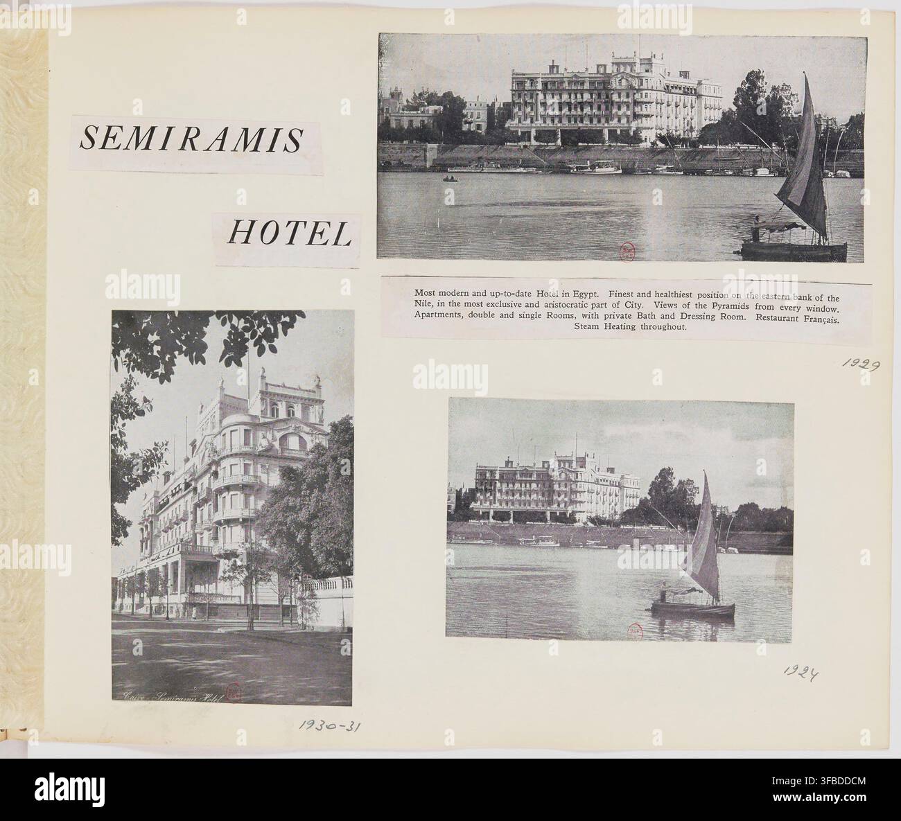 L'hôtel Semiramis au Caire, en Égypte, un hôtel moderne avec vue sur les pyramides, proposant des hébergements luxueux et un restaurant français, photographié à la fin des années 1920 ou au début des années 1930. Banque D'Images
