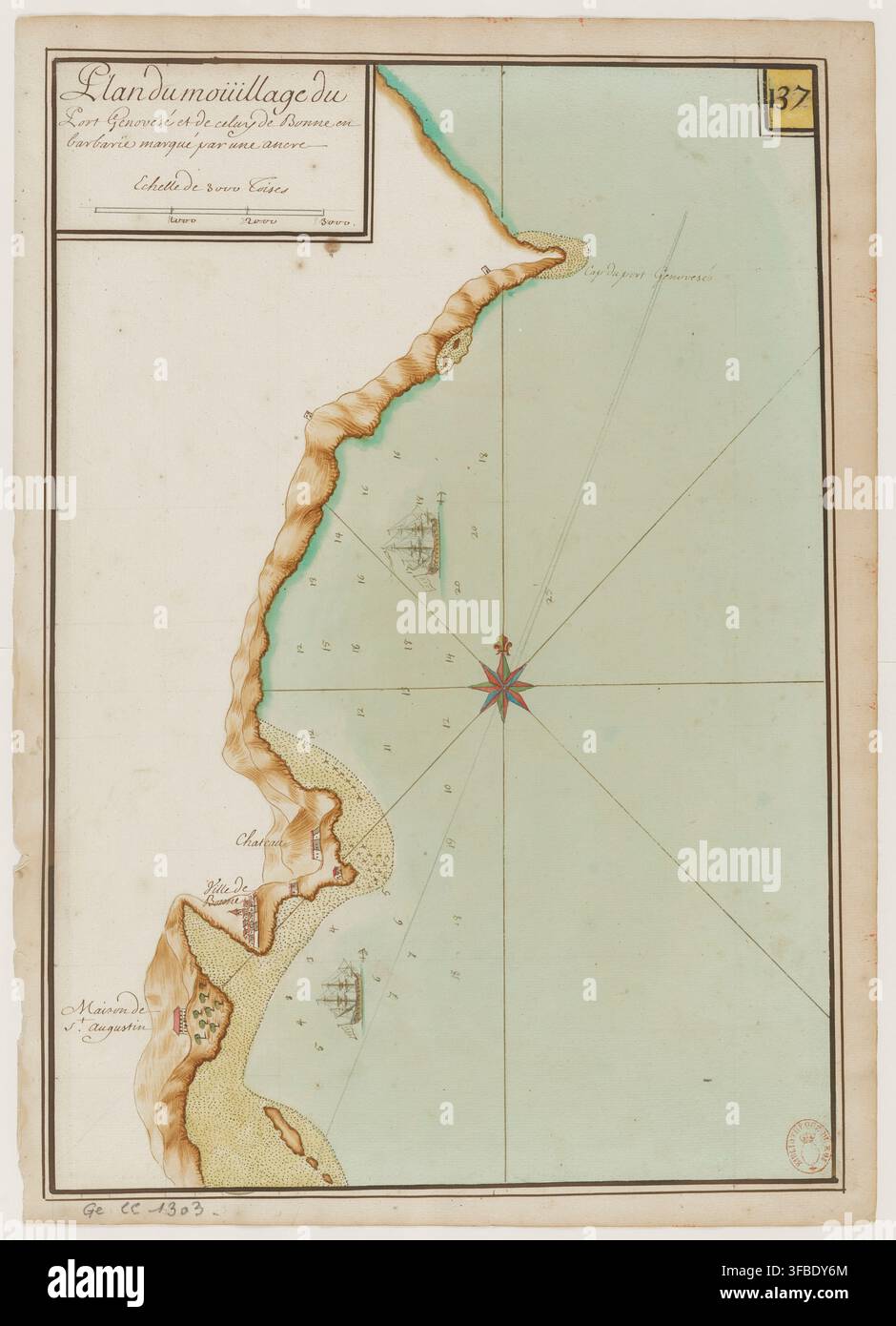 Une carte manuscrite de la zone portuaire d'Annaba, montrant l'amarrage du Fort Genovesé et le banc de sable de Bonne en Barbaria, avec des lieux notables marqués, y compris le Cap du port Genovesé, Chaleade, Ville de Bonne et Maison de St. Augustin, créée au XVIIIe siècle. Banque D'Images