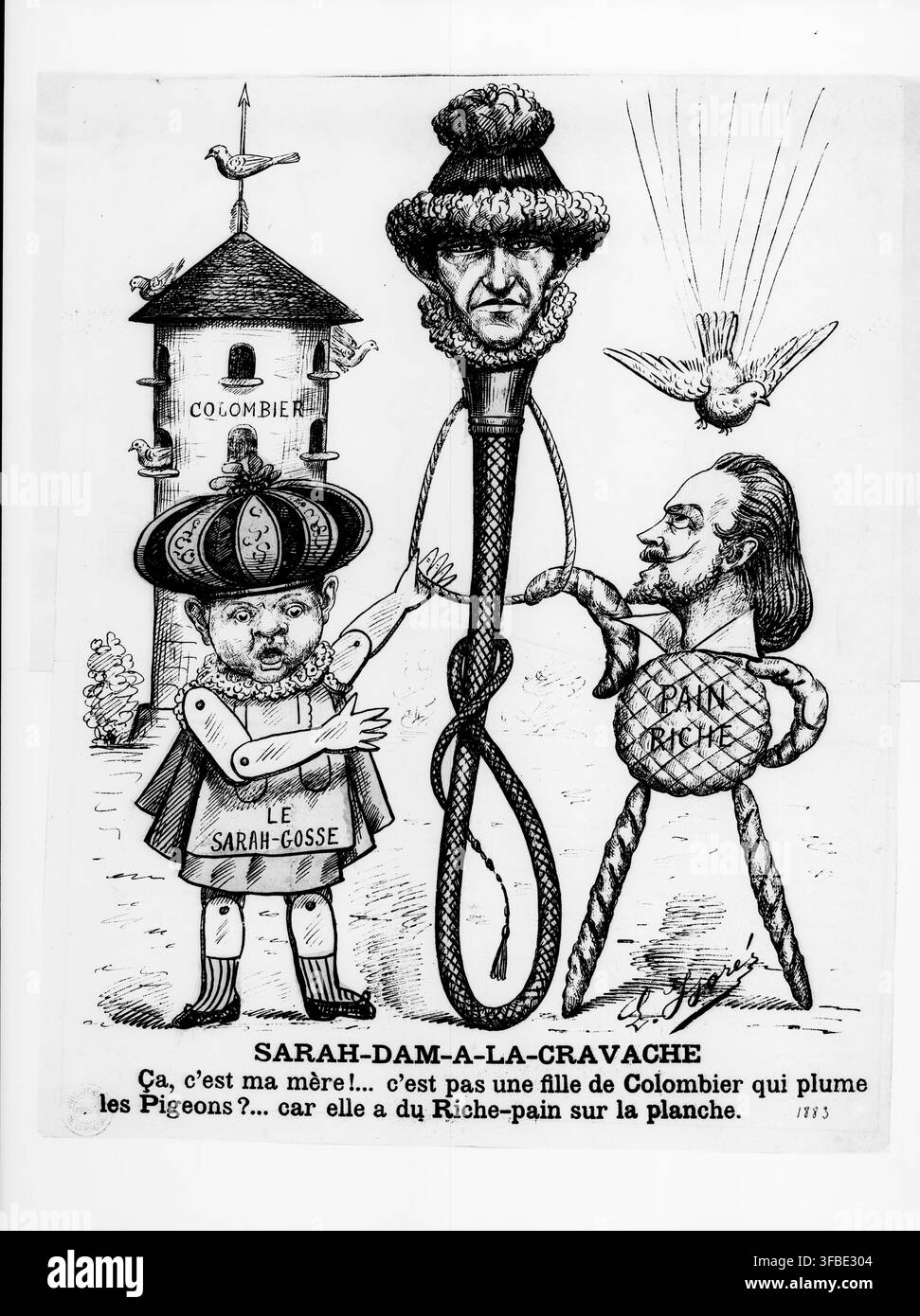 Une caricature politique française de 1883, représentant une figure au cou et à la barbe longs, un enfant et une autre figure étiquetée "Pain Riché", avec un texte faisant référence à Colombier, Sarah-Gosse et Rich-pain. Banque D'Images