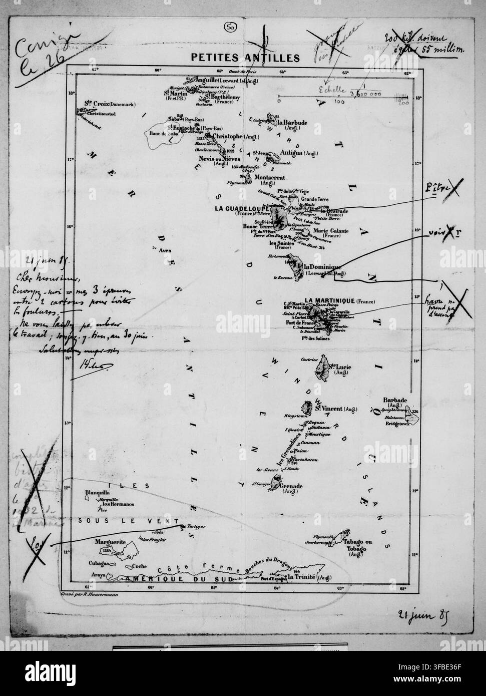 Une carte historique des Petites Antilles, gravée par R. Hausermann, datée entre 1883 et 1884, avec une échelle de 1:3 600 000 et des annotations incluant "PETITES ANTILLES" et "21 juin 85". Banque D'Images