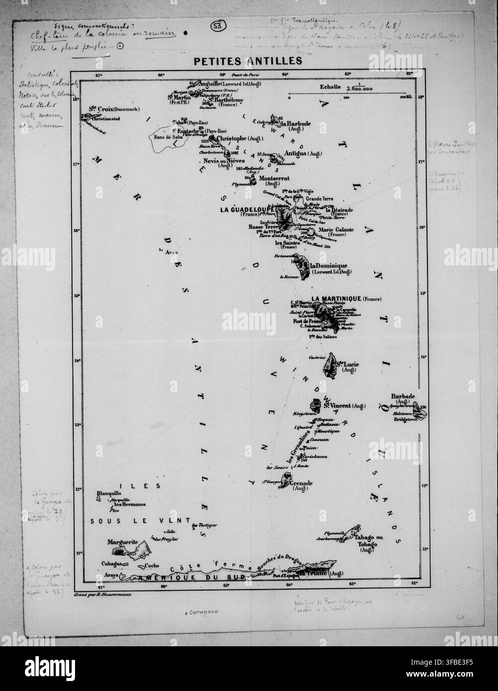 Une carte des Petites Antilles de la fin du XIXe siècle, gravée par R. Haussermann, datée 1883-1884, avec une échelle de 1:3 600 000. Banque D'Images