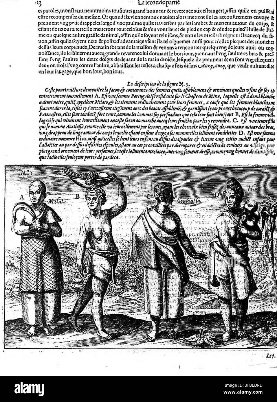 Une page de texte imprimé de 1605 avec une illustration de trois personnages, dont une femme portugaise résidant au château de Mina, accompagnée d'un texte descriptif sur leur apparence et leurs coutumes au Gabon et en Guinée au XVIIe siècle. Banque D'Images