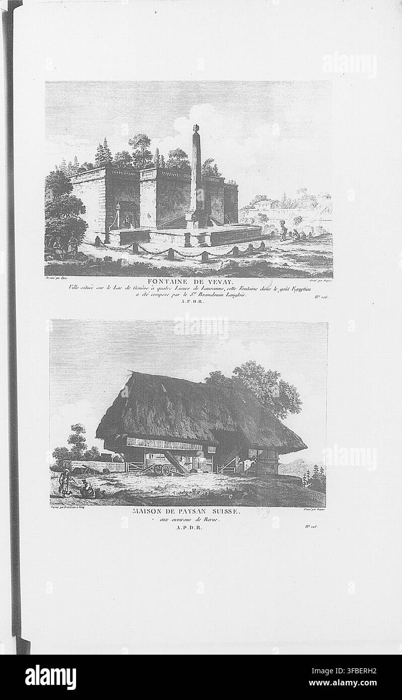 Une gravure présentant une fontaine de style égyptien, Fontaine de Vevay, et une maison de paysan suisse, la fontaine située près du lac Léman et la maison près de Berne, créée entre 1780 et 1786. Banque D'Images