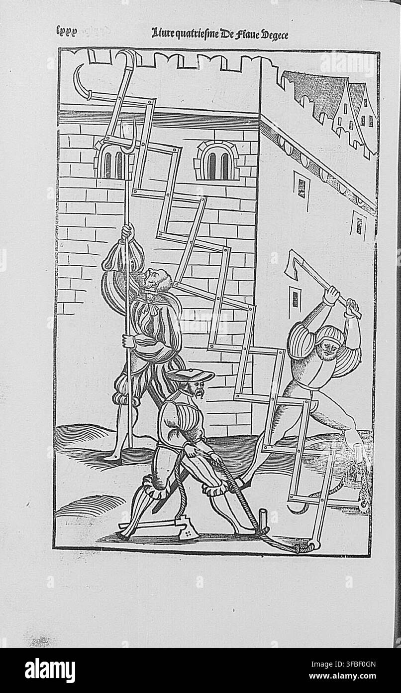 Une illustration gravée sur bois de 1536 tirée du Livre quatriesme De Flaue Degece, présentant des dispositifs de torture médiévaux et des véhicules militaires. Banque D'Images