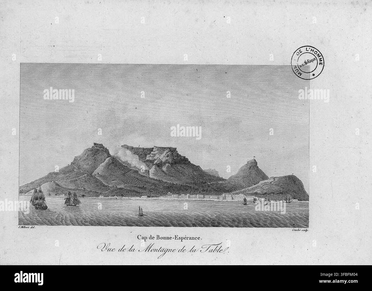 Une vue du Cap de Bonne-Espérance avec la Montagne de la Table, d'une gravure gravée par Couché et dessinée par J.Milbert, datée de 1812. Banque D'Images