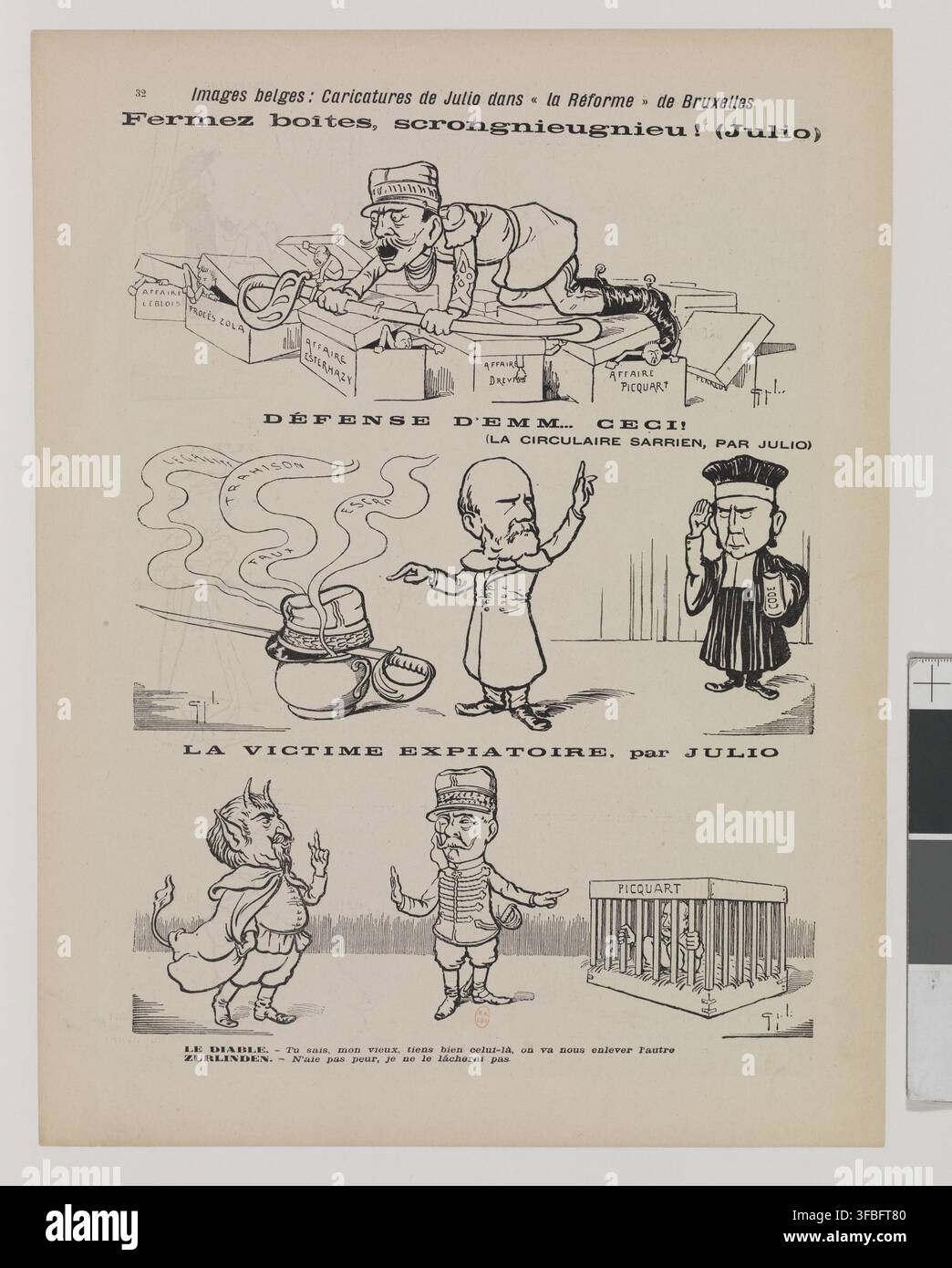 Un ensemble de caricatures belges par Julio, publiées dans "La Réforme" à Bruxelles, critiquant l'antisémitisme en France lors de l'affaire Dreyfus, rassemblées dans un ensemble factice d'estampes et de caricatures par John Grand-Carteret, un auteur français, entre 1895 et 1902. Banque D'Images