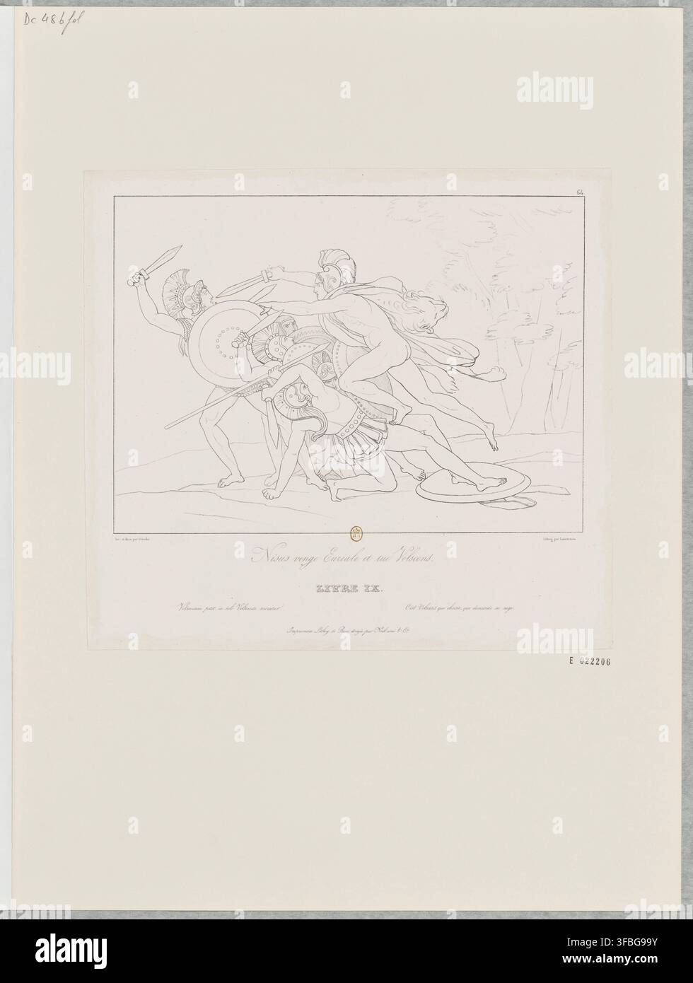 Une scène de bataille classique, d'une lithographie d'Anne-Louis Girodet, un illustrateur français, basée sur l'Énéide et les Géorgiques, intitulée Nicias venge Euriale et sue Velicent. Banque D'Images