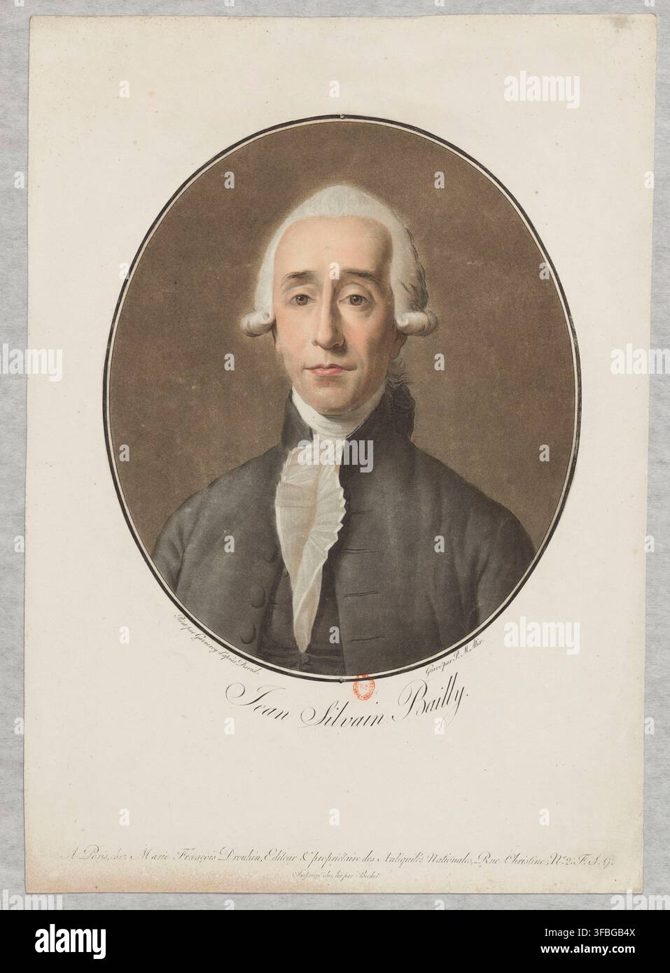 Jean Sylvain Bailly, astronome et homme politique français, dans un portrait gravé par Pierre-Michel Alix, d'après une peinture de Jacques-Louis David, publié à Paris par Marie François Droulin en 1795. Banque D'Images
