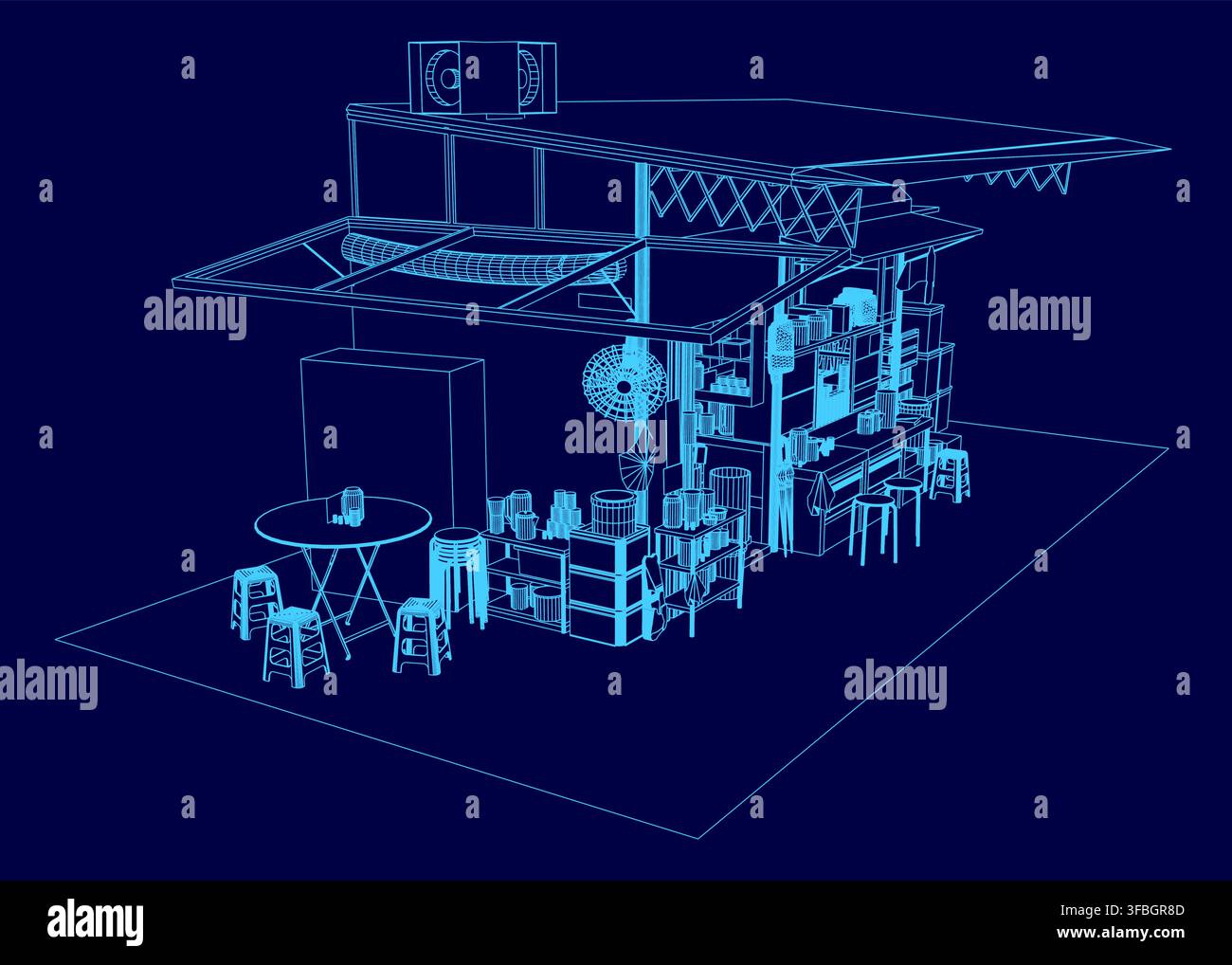 Illustration de plan d'un intérieur de stand de nourriture ou bar avec table et chaises. Divers objets sont disposés sur la table devant un fond bleu profond Illustration de Vecteur