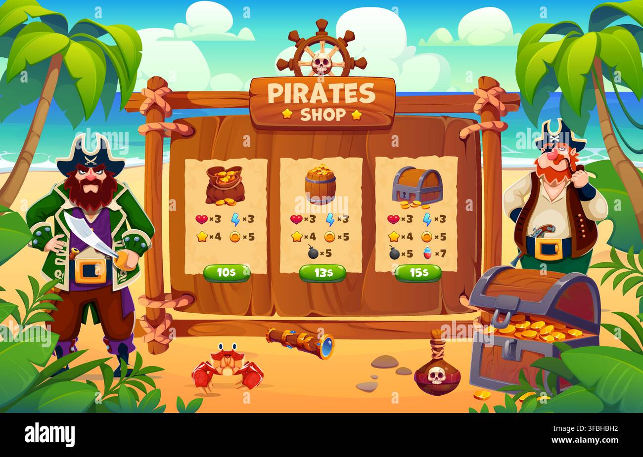 Boutons et icônes d'interface de magasin de jeux pirates avec éléments de dessin animé UI et GUI. Interface de jeu vidéo pour le menu d'écran mobile avec corsaires pirates caribéens, score de trésor et bonus d'achat récompensé Illustration de Vecteur