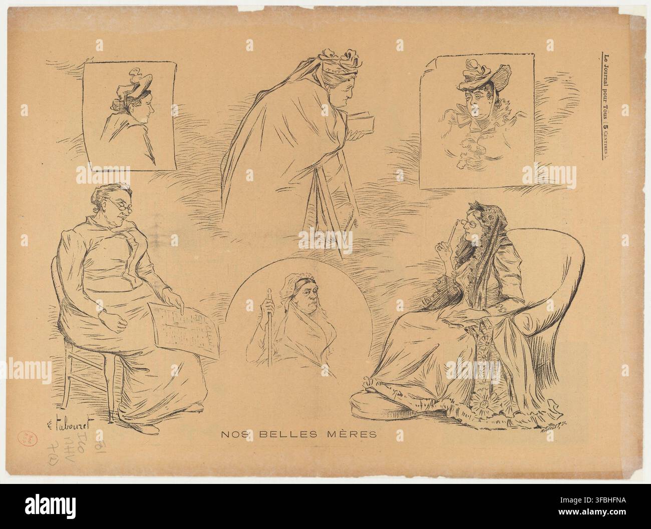 Un dessin de la fin du XIXe siècle représentant quatre femmes dans diverses poses et tenues, avec un texte faisant référence à Le Journal pour Tous et Nos Belles Mères, situé dans le Divan du monde à Paris. Banque D'Images