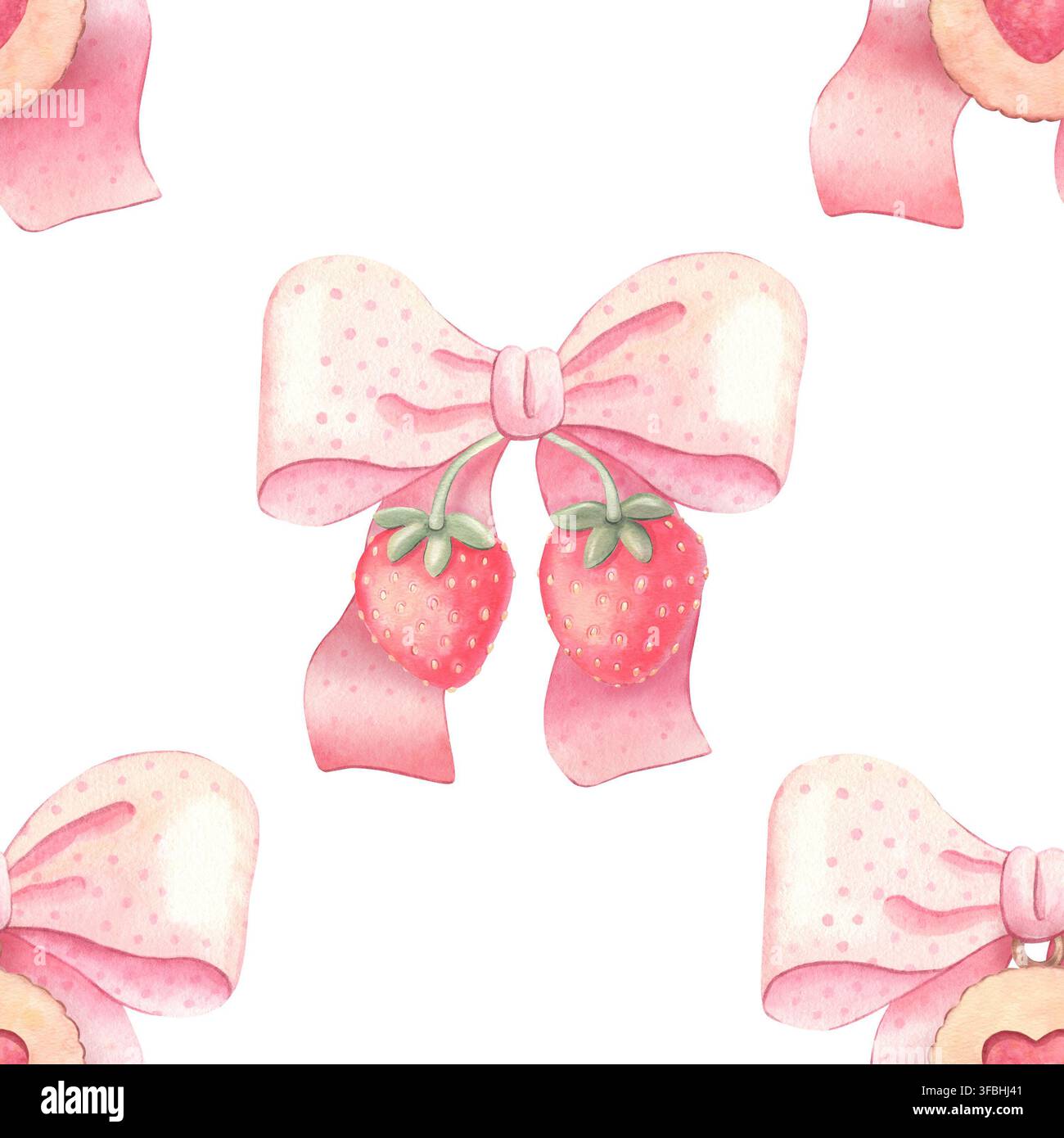 Motif sans couture avec des nœuds à pois roses accompagnés de fraises, biscuits à la confiture. Aquarelle peinte à la main sur blanc pour textiles de maison, papier peint, décoration, papeterie Banque D'Images