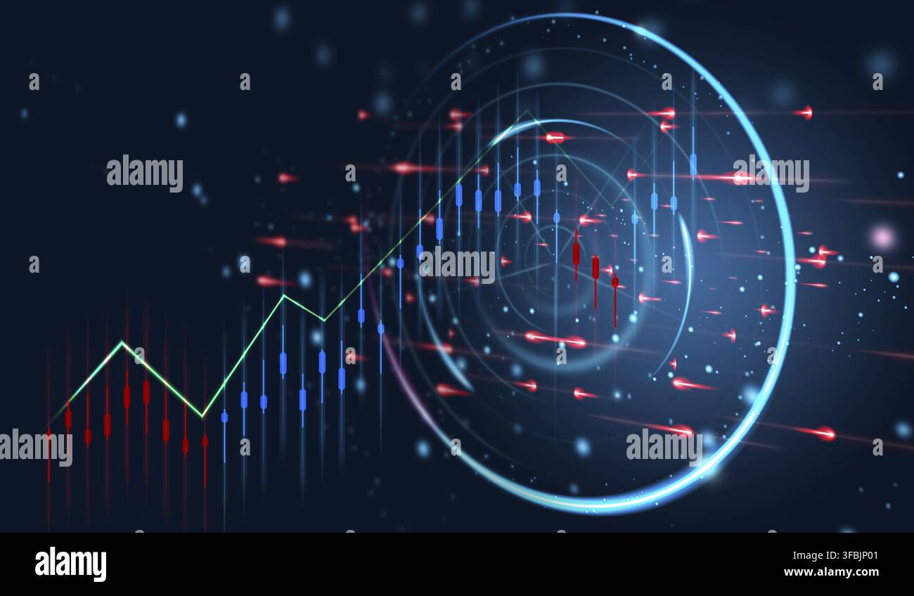 Cercles lumineux au néon et graphique avec indicateurs de croissance. Une entreprise très rentable Banque D'Images