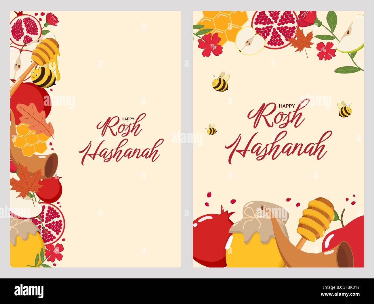 Deux cartes de vœux de Rosh Hashanah avec le texte « Happy Rosh Hashanah », décorées d’apples, de grenades, de miel, d’abeilles, de shofar, Illustration de Vecteur