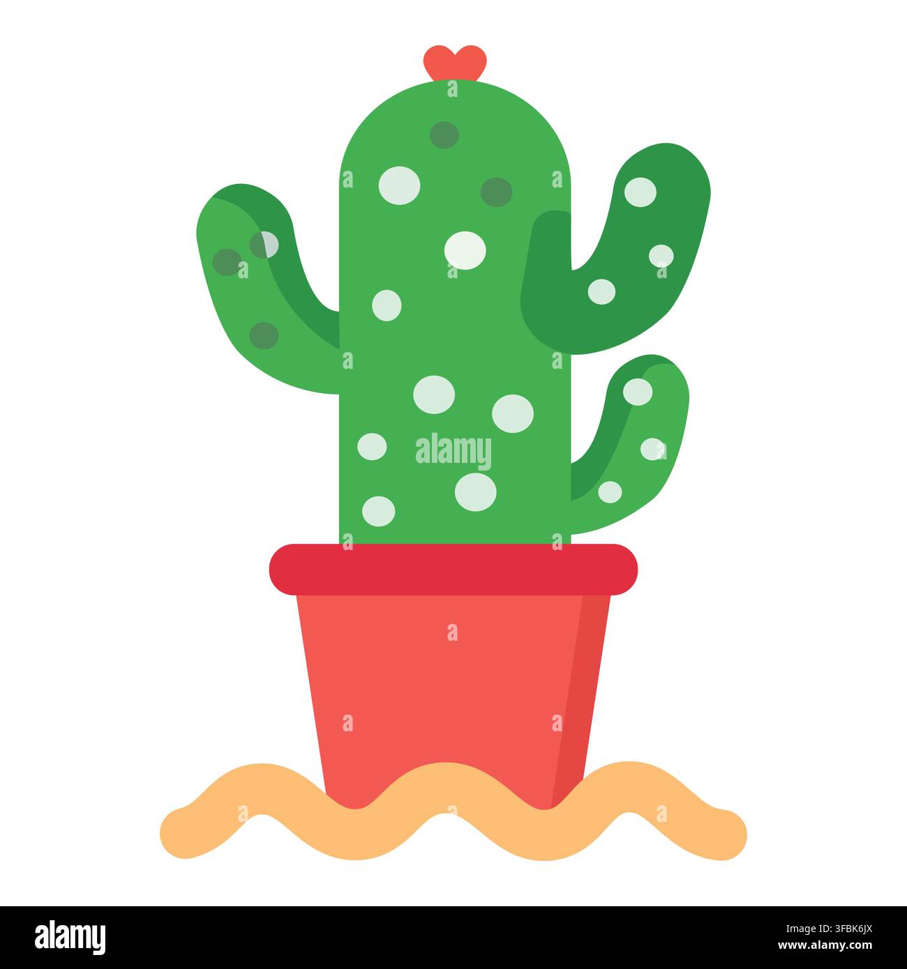 Icône de cactus avec un sommet en forme de cœur dans un pot rouge posé dans le sable, représentant les plantes du désert et l'amour Illustration de Vecteur