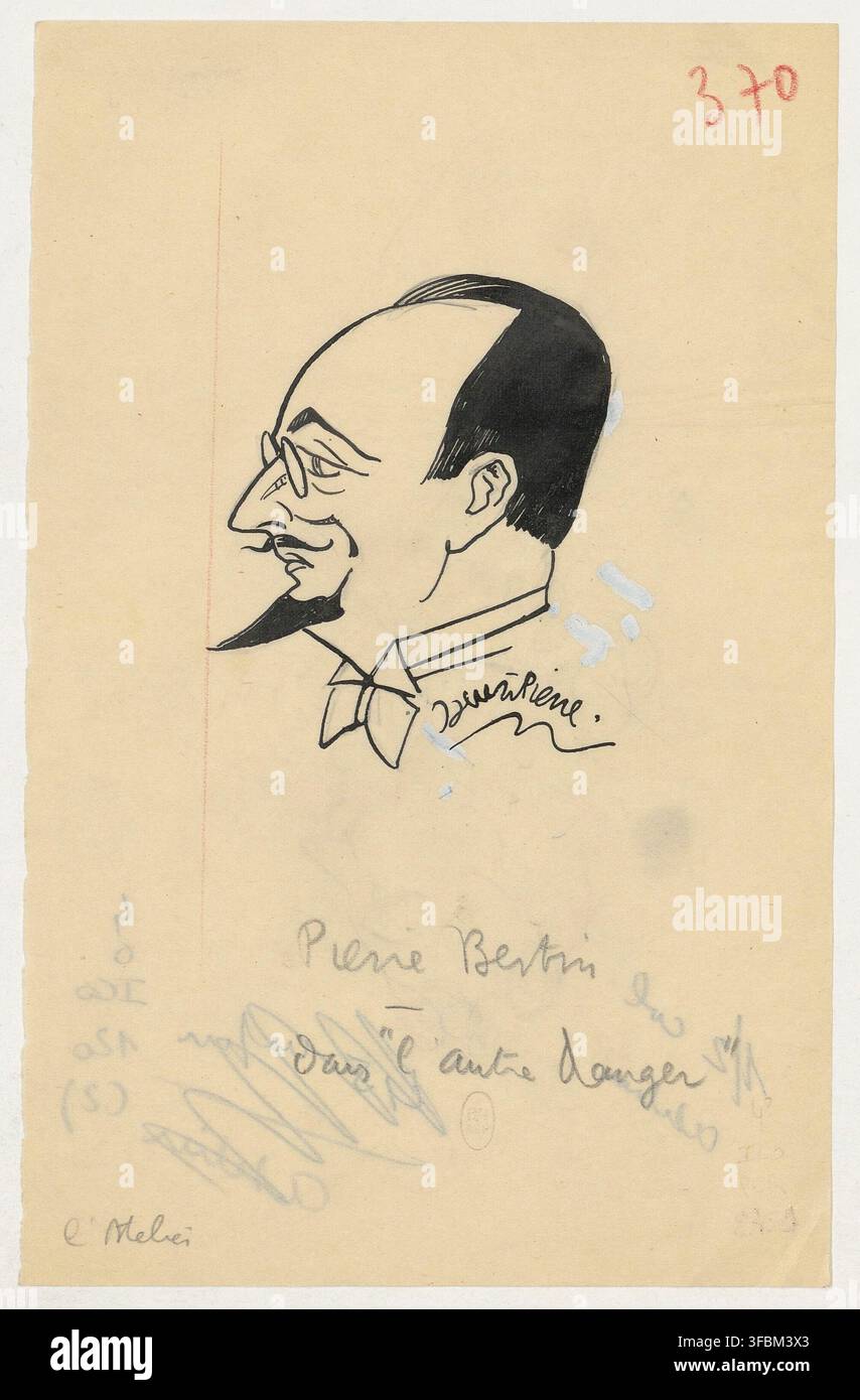 Un dessin du XXe siècle représentant une caricature de Pierre Bertin dans le rôle de L'Melie de la pièce "L'Autre Danger", numéroté 370. Banque D'Images