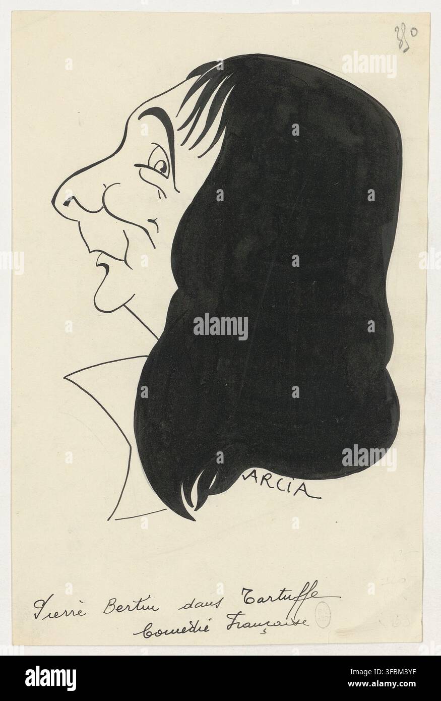 Un dessin du XXe siècle d'une caricature de Pierre Bertin dans le rôle de Tartuffe, une production de la Comédie Française. Banque D'Images