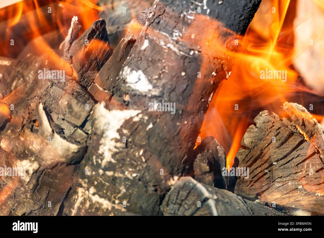 Prise de vue rapprochée détaillée de bûches de bois carbonisées brûlant en braises rouges incandescentes avec des flammes orange actives dans un foyer extérieur par une journée d'été Banque D'Images