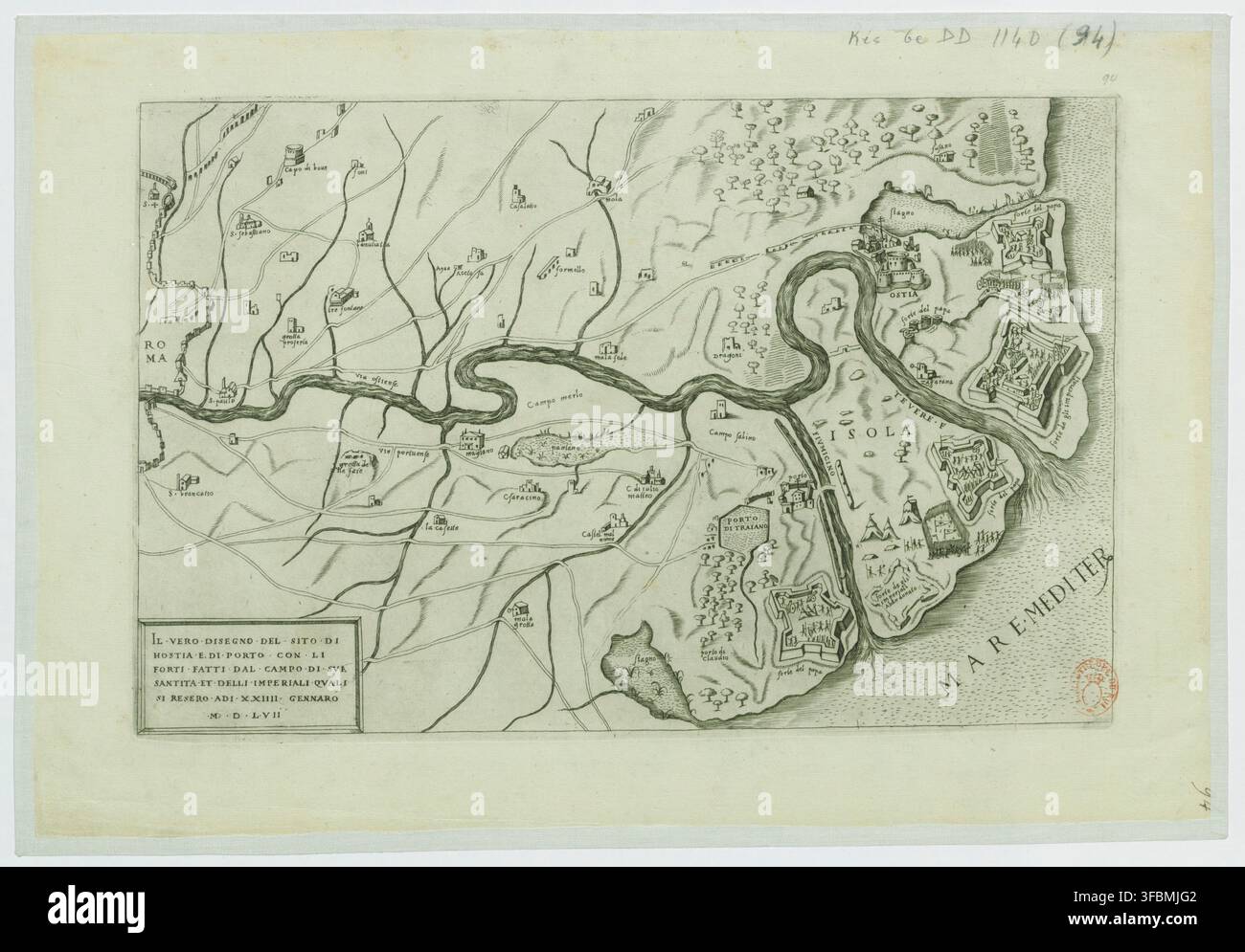 Une carte de 1557 des environs d’Ostia, détaillant les fortifications et les ports anciens, spécifiquement le site de Hostia et son port, avec des forts construits par les troupes de Sa Sainteté et les forces impériales, qui se sont rendues le 24 janvier 1557. Banque D'Images