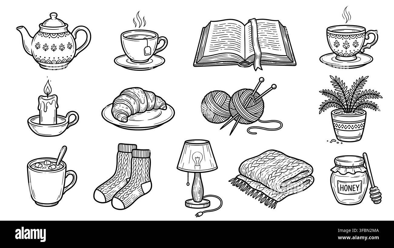 Ensemble d'icônes dessinées à la main pour un style de vie hygge douillet avec théière, tasse à thé, livre ouvert, bougie, croissant, fil, tasse de chocolat chaud, chaussettes, plante, lampe, couverture Illustration de Vecteur