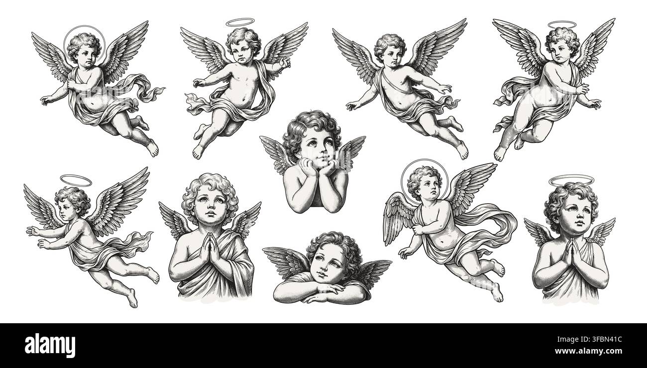 Ensemble d'illustrations de bébé Cupidon de style gravure vintage. Anges artistiquement détaillés isolés sur fond blanc. Parfait pour la Saint-Valentin, les affiches romantiques, les cartes et le branding. Illustration de Vecteur