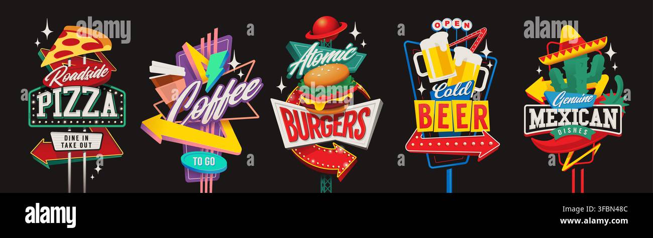 Ensemble de panneaux néon rétro vintage pour diner et nourriture de bord de route. Graphique vectoriel. Illustration de Vecteur