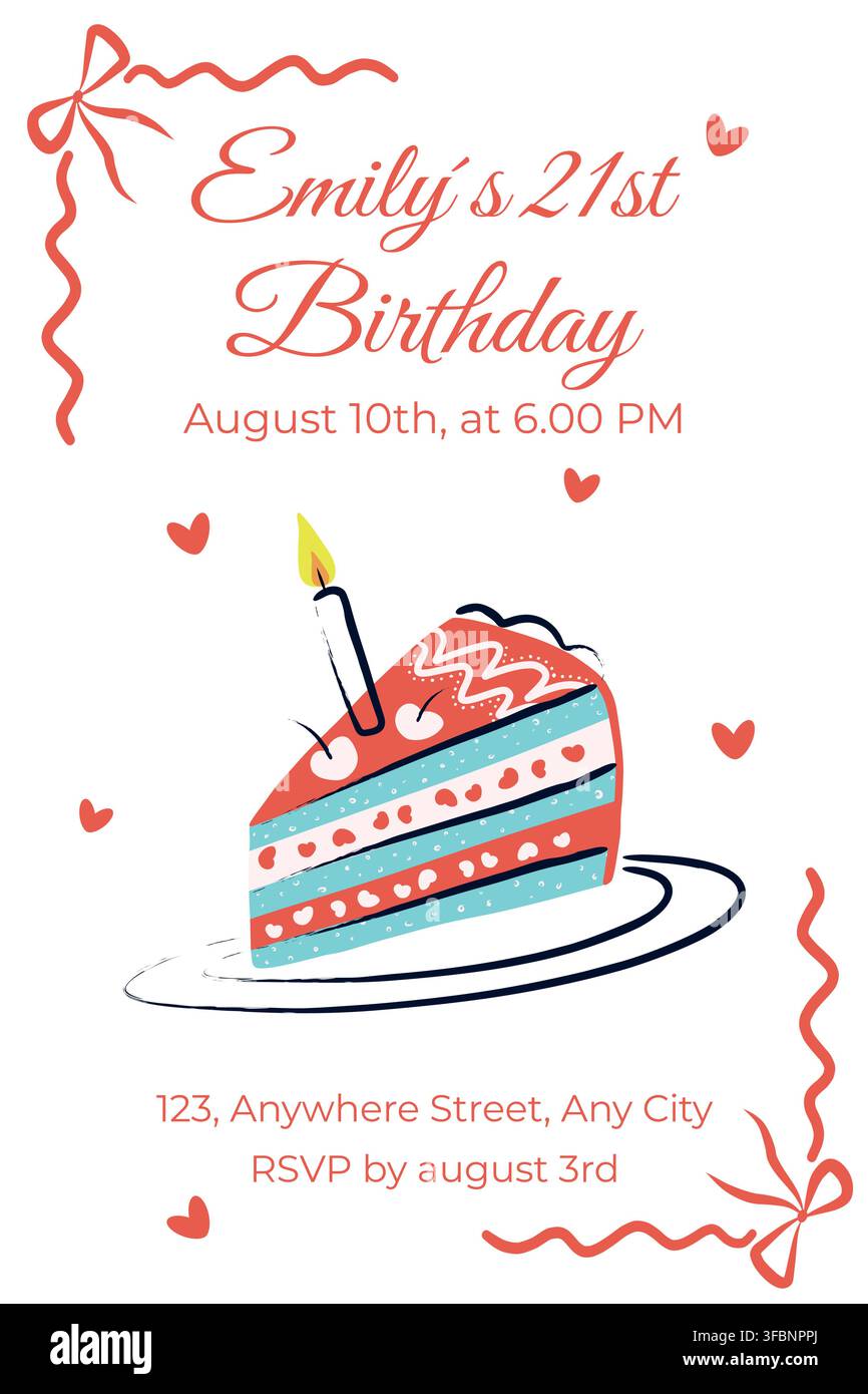 Invitation à une fête d'anniversaire dessinée à la main avec une tranche de gâteau colorée, une bougie, des cœurs et des rubans. Illustration mignonne de boulangerie et de dessert pour la célébration d'anniversaire Illustration de Vecteur